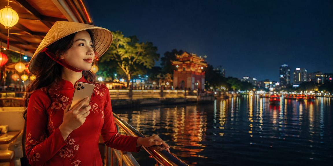 Người dùng Hà Nội theo dõi sự kiện thể thao qua điện thoại với nón lá truyền thống